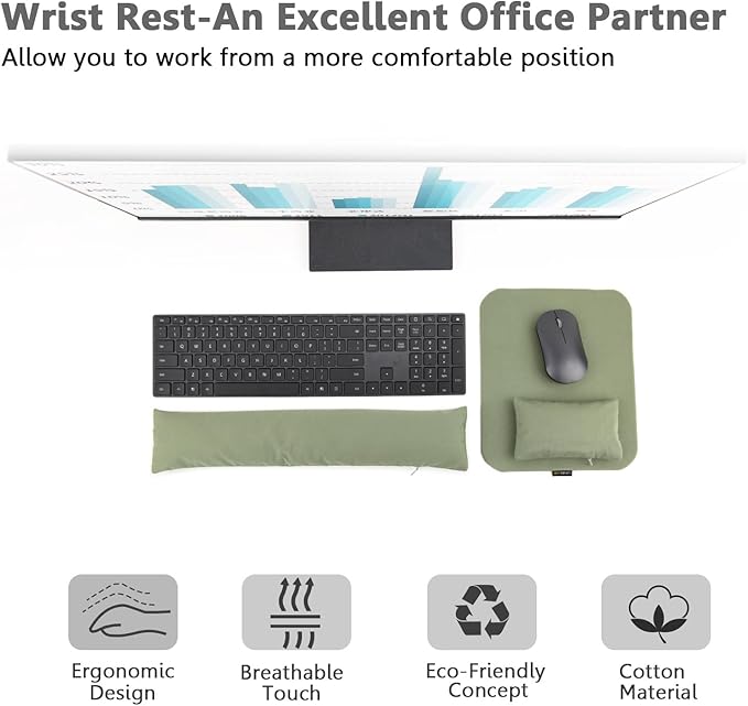 Large Mouse Pad Wrist Support Set, Bean Bag Mouse and Keyboard Wrist Rest Filled Ergo Beads, Easy Typing Gaming Home Office (Light Army Green)