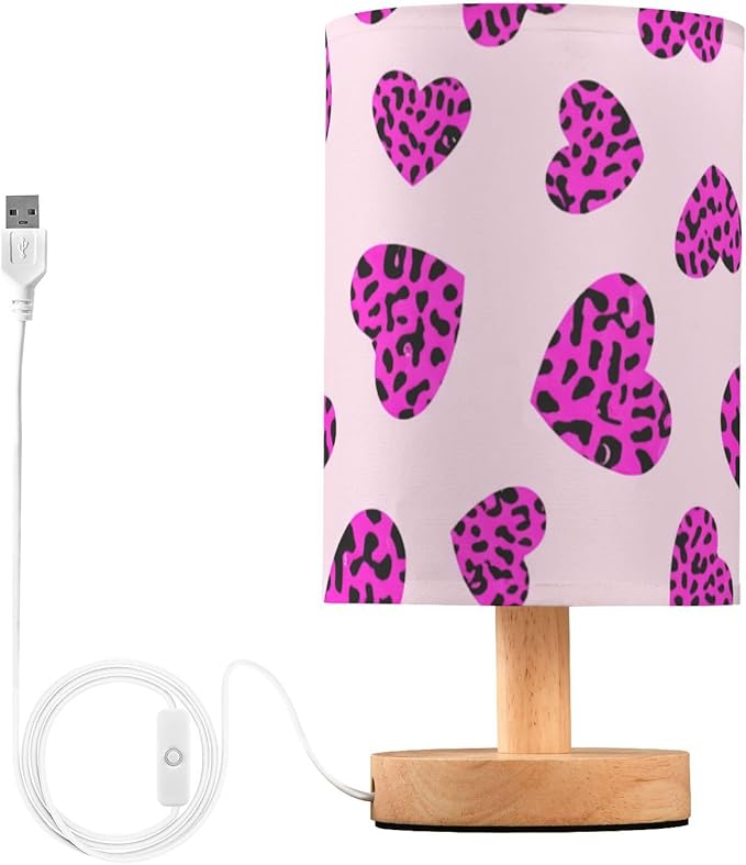 Purple Leopard Heart LED Table Lamp, Bedside Lamp with Linen Lampshade, Flicker-Free Eye Care USB Plug in Nightstand Lamp, for Bedroom and Office