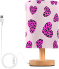 Purple Leopard Heart LED Table Lamp, Bedside Lamp with Linen Lampshade, Flicker-Free Eye Care USB Plug in Nightstand Lamp, for Bedroom and Office