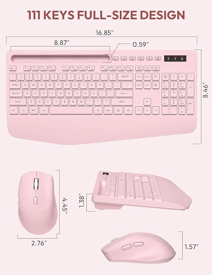 Wireless Keyboard and Mouse, Wrist Rest, Phone Holder, 2.4G Lag-Free Ergonomic Keyboards Mouse Combo, KM23D Silent Keyboards Set for Computer, Laptop, PC, Windows, Pink -SABLUTE