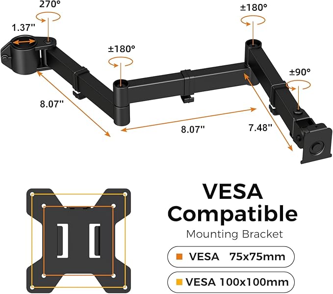suptek Single Monitor Arm, Universal 3 Tier Arm Fully Adjustable Pole Mount Bracket Monitor Mounting for 13 to 27 inch Screen, Weight up to 22lbs, Mounting Holes 75x75mm to 100x100mm,Black