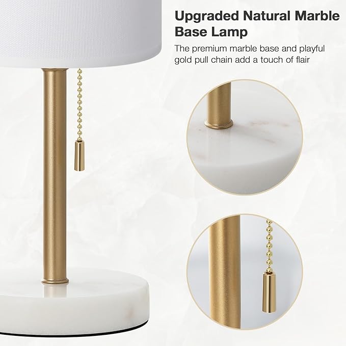 Dicoool Tall Bedside Table lamp for Bedroom - Luxury Marble Base & 3 Color Temperatures Bedside Lamps, Pull Chain Gold Table Lamps, White Nightstand Lamps for Living Room/Guest Room