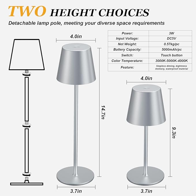 Cordless Table Lamp Rechargeable - Silver Grey 2 Pack 5000mAH Battery Operated Lamp for Counter, 3 Color Stepless Dimming Waterproof LED Wireless Lamp for Dining Kitchen, Outdoor Patio, Touch Control