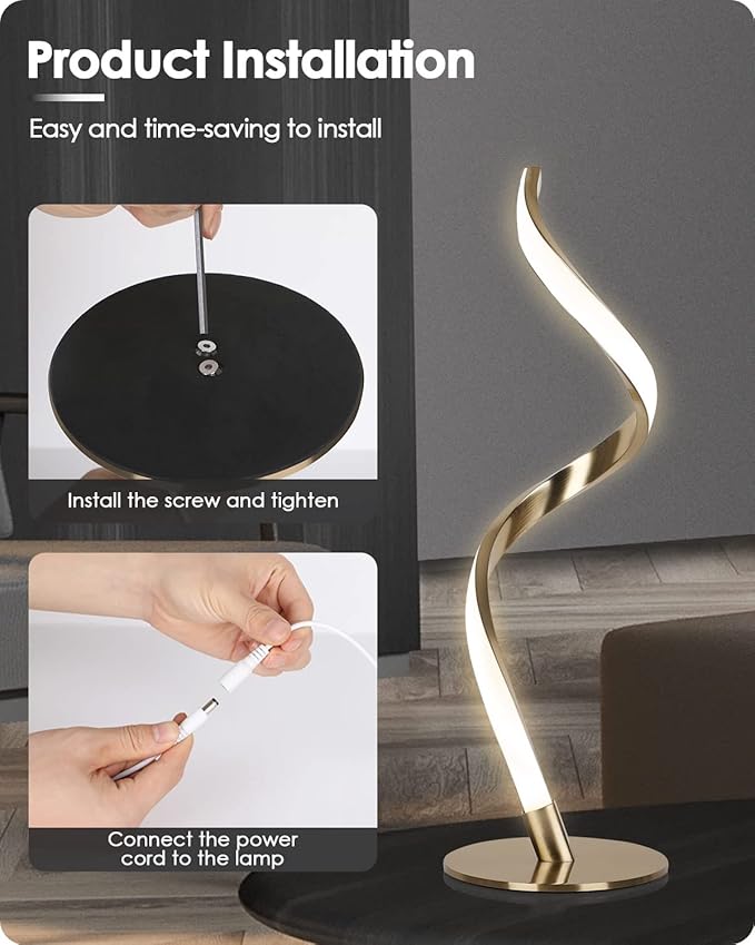 Yarra-Decor Modern Spiral Bedside Lamp - 3 Colors Touch Control LED Table Lamp, Stepless Dimmable Nightstand Lamps for Bedroom Living Room & Office, Gold(3000K 4000K 5000K)