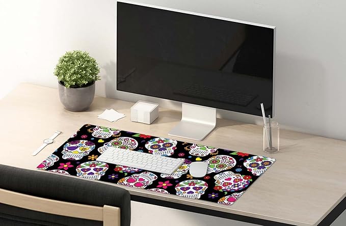 SSOIU Extended Mouse Pad, XXL Gaming Mouse Pads, Large Big Mousepad Laptop Computer Keyboard Mat Desk Pad with Non-Slip Base Stitched Edge for Gaming Office, 35.5 x 15.7 inch, Sugar Skull