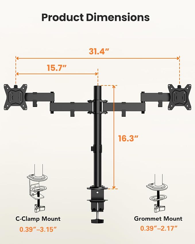 ErGear Dual Monitor Stand for 17-32 inch, Dual Monitor Mount with Adjustable Tilt, Swivel, Rotation, Tiered Arms for Extra Height, Supports 22 lbs per Arm