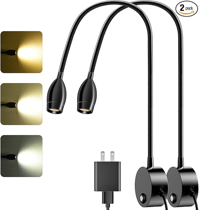 ERAY LED Wall Mounted Reading Light, Bedside Reading Lights for Bed with Touch Control, 3 Dimmable, 360°Flexible Gooseneck Headboard Book Reading Lamp Wall Sconce, 3000k-6000k-2 Pack