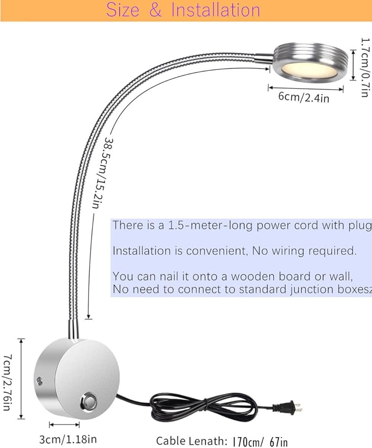 Plug in Dimmable LED Reading Lamp,Wall Mount Book Lights for Bed Headboard,Touch Control, Flexible Gooseneck Headboard,3 Color Modes,10 Brightness Leves, USB Output, Easy to Install Silver 1 Pack