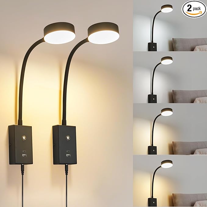 LED Wall Mounted Reading Light for Bed 2Pack, Flexible Gooseneck Book Light for Wall Bedside Lamp with USB-A/C Output,Touch Control 5 Dimmable Headboard Bed Lights