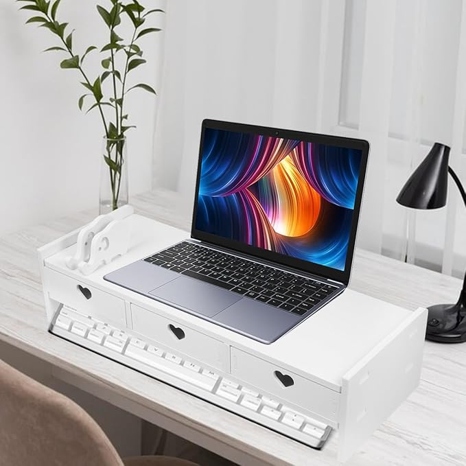 Tofficu Computer Monitor Stand Riser with 3 Drawers - Desktop Organizer with Phone Holder, White Desk Shelf for Laptop, Office Supplies & Workspace Storage