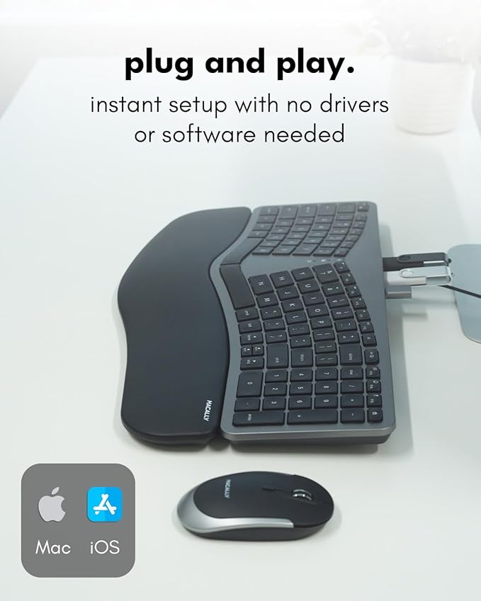 Macally Wired Ergonomic Keyboard for Mac - USB Hub, Backlit Keys, Dual USB C + A Plug, Split Design, Padded Wrist Cushion - Compatible Apple Keyboard for MacBook Pro/Air, iMac, iPad - Space Gray