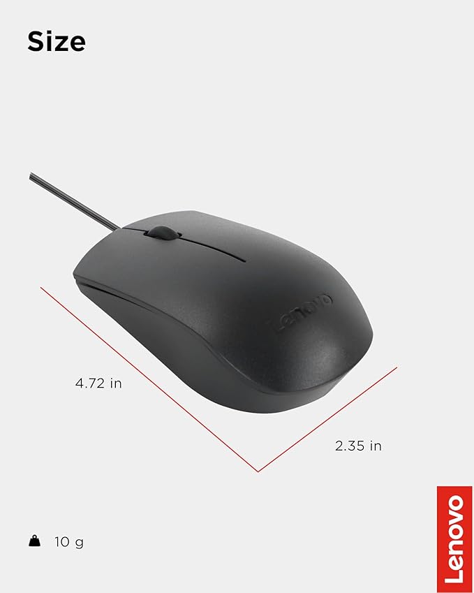 Lenovo USB-C Wired Mouse, Full Size, Ambidextrous Design, Black, Ergonomic Shape, Precision Sensor, Plug-and-Play for Right and Left-Handed Users, Durable Performance Gaming PC