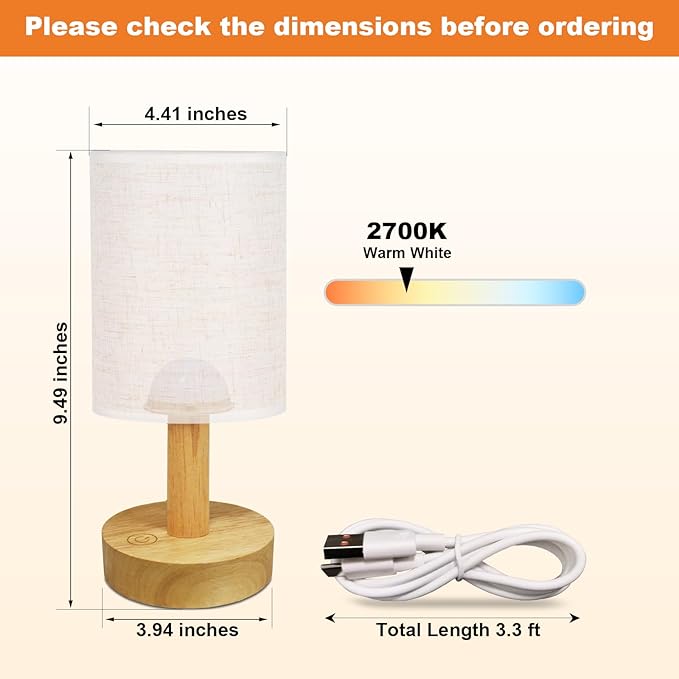 Small Cordless Bedside Table Lamp, Rechargeable 2200mAh Battery Powered Lamp with Touch Control, 2700K Warm Dimmable Lamp Natural Wood Base Linen Shade for Bedroom Dorm Nursery Outdoor Patio Camping