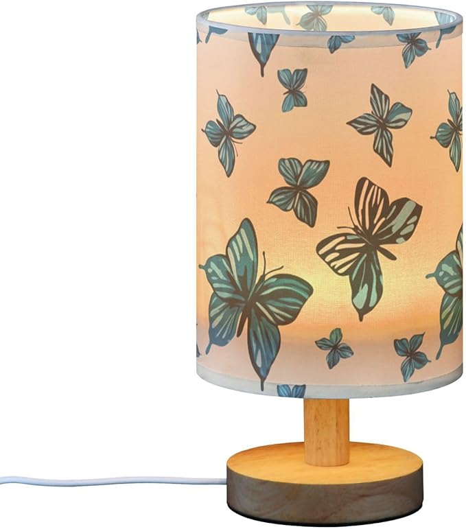 Blue Butterfly LED Table Lamp, Bedside Lamp with Linen Lampshade, Flicker-Free Eye Care USB Plug in Nightstand Lamp, for Bedroom and Office