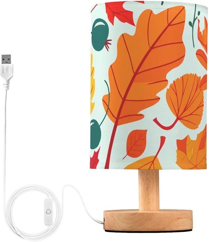 Autumn Leaf LED Table Lamp, Bedside Lamp with Linen Lampshade, Flicker-Free Eye Care USB Plug in Nightstand Lamp, for Bedroom and Office