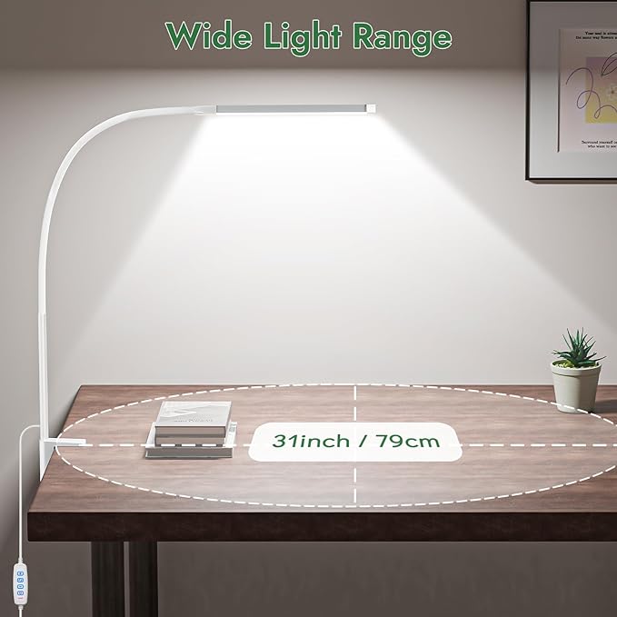 Clamp Lamp for Desk, Eye-Caring LED Clip Light, 27"Tall Flexible Arm, 3 Color Modes 10 Brightness, USB-Powered Task Lamp for Home Office Reading, Nail Desk, Sewing, with 5V/2A adapter (White)
