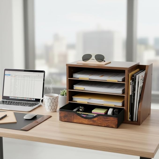 Wooden file Organizer with Drawer, Office Wood Desk Organizer with drawers, with 4 Adjustable Shelves, Mail Sorter with Drawer, Office Desk Paper Holder, Brown,assembly required