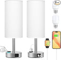 White Touch Nightstand Lamps Set - 3 Way Dimmable Bedside Table Lamp for Bedroom with USB Ports, Small Lamps with AC Outlet for Girls Dorm Nursery, Silver Base