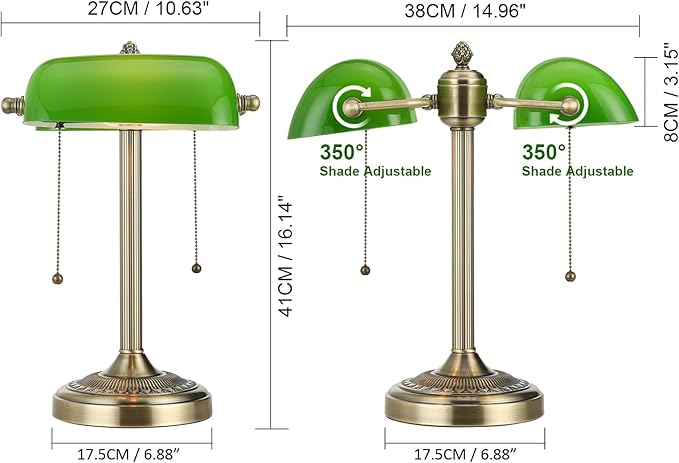 Newrays Green Double Head Glass Bankers Desk Lamp with Pull Chain Switch Plug in Fixture for Library, Office, Cafe