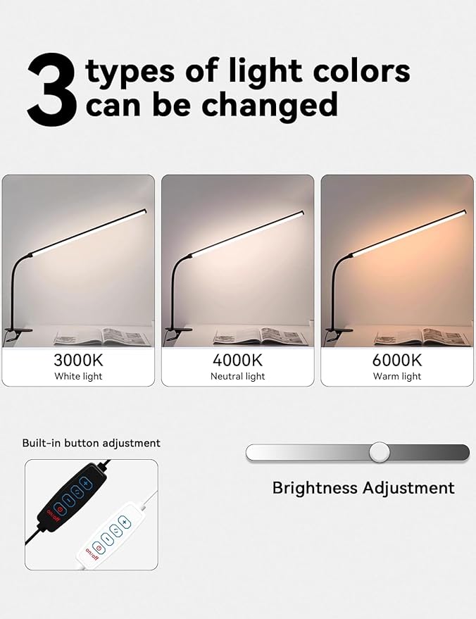 2 Pack LED Desk Lamp with Clamp,Dimmable Clip on Light for College Dorm Room,Eye-Friendly Reading Study Lamp for Students,Flexible Gooseneck Bedside Light,Home Office Desk Lights Bedroom