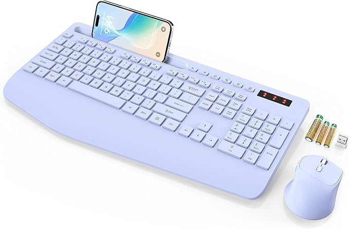 SABLUTE Wireless Keyboard and Mouse, Wrist Rest, Phone Holder, 2.4G Lag-Free Ergonomic Keyboards Mouse Combo, KM23D Silent Keyboards Set for Computer, Laptop, PC, Windows, Purple