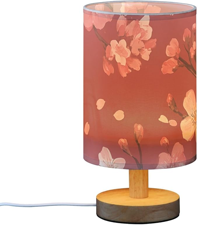 Red Cherry Blossom LED Table Lamp, Bedside Lamp with Linen Lampshade, Flicker-Free Eye Care USB Plug in Nightstand Lamp, for Bedroom and Office