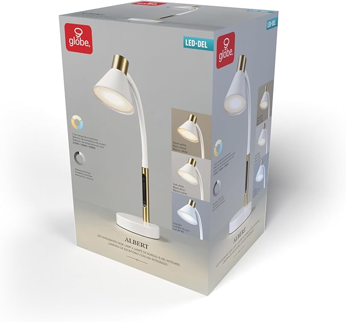 Globe Electric 62000035 15" LED Integrated Desk Lamp, Matte White, Brass Accent, Adjustable Gooseneck, Dimmable, 3 Color Temperature, 7.5W, 90 CRI, 400 Lumens, Reading Light, Dorm Room Essentials