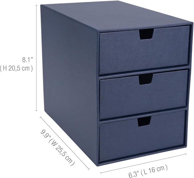 Bigso Box of Sweden Ingrid 3-Drawer Fiberboard Desk Organizer for Office Supplies & Accessories - Stackable Makeup Drawer Organizer - 6.3in x 9.9in x 8.1in - Blue (Pack of 2)