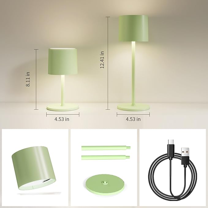 2-Pack Cordless Table Lamp, Portable LED Desk Lamps, 2 Adjustable Height, 4400mAh Battery Powered Rechargeable Light, 3 Color Stepless Dimming, for Restaurant, Bedroom, Outdoor Camping