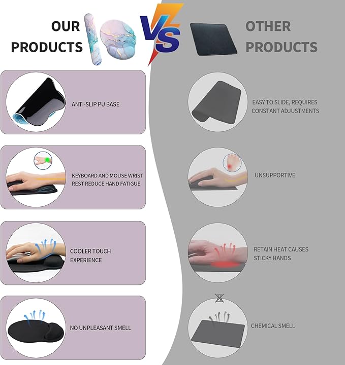 eulps Mouse Pad Wrist Support, Ergonomic Memory Foam Keyboard Wrist Pad & Gel Wrist Rest Set for Computer Keyboard for Easy Typing for Office & Home (Cyan Pink Marble)