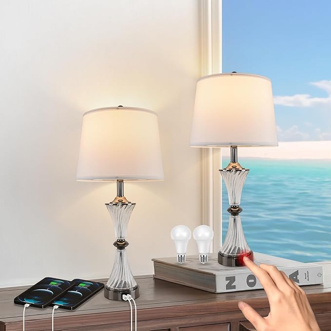 Terpsichore Touch Dimmable Table Lamps Modern Glass Table Lamp LED Lights Coastal Light USB Powered Desk Lights Bedside Crystal Lamps Nightstand Lamp Set of 2 & Outlets for Bedroom, Living Room