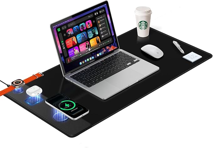 Mouse Pad with Magnetic Wireless Charging, Large Desk Mat, Non-Slip Mouse Mat, Keyboard Pad for Gaming, Desk, Office, PC (The Left Charging-Black)