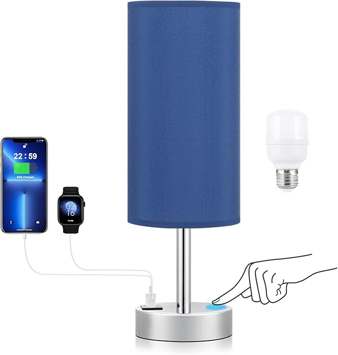 Dicoool Navy Blue Touch Lamp for Boys - Small Nightstand Lamp with USB-C and USB Charging Ports, 3 Way Dimmable Bedside Table Lamp with Fabric Shade Silver Base for Nursery, Dorm, Office, Reading