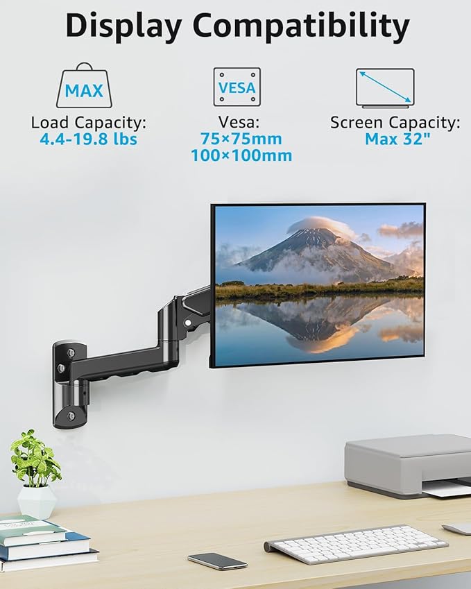 MOUNTUP Single Monitor Wall Mount for Max 32 Inch Computer Screen, Fully Adjustable Monitor Arm, Wall Mount Monitors Holder Support 4.4-19.8lbs Display, VESA Bracket Fit 75x75mm, 100x100mm (Pack of 2)