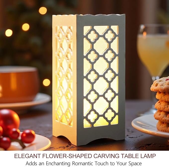 Bright Zeal 9" Tall LED Table Lamp with Flower Shaped Carving (Battery & USB Operated) - LED Desk Lamps Rechargeable with USB Charging Port - White Lamps Decorative Indoor Lights Lights