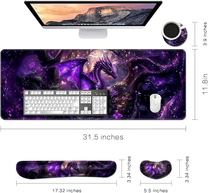 MIBITRI Keyboard Mouse Pad Set, Extended Gaming Mouse Pad+Ergonomics Keyboard Wrist Rest Support, Memory Foam, Easy Typing, 4Pcs XXL Ultra Thick Desk Mat, Dragon