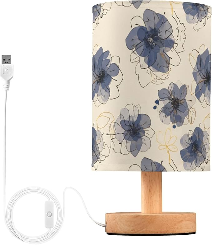 Flower LED Table Lamp, Bedside Lamp with Linen Lampshade, Flicker-Free Eye Care USB Plug in Nightstand Lamp, for Bedroom and Office