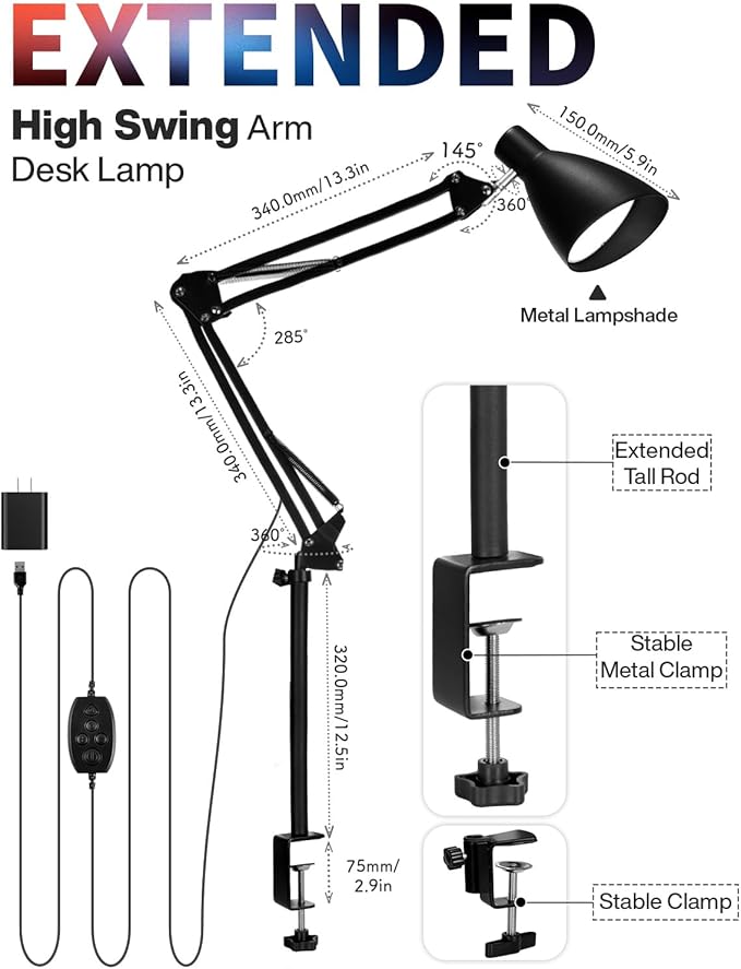 Led Desk Lamp for Home Office - Adjustable Gooseneck Table Stand with Clamp 5 Color Modes and 10 Brightness for Architect Puzzle Light Reading Craft Computer Work Study Sewing(Extra Tall Black)