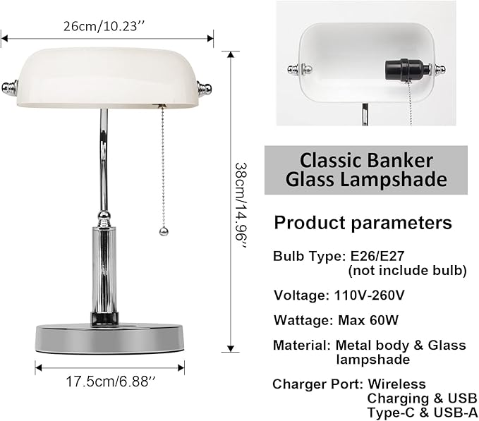 FIRVRE Bankers Lamp, White Glass Desk Lamp with Wireless Charger and 2USB Charging Port,Pull Chain Switch Lamp with Metal Base,Modern Reading Table lamp for Home Office, Piano, Library
