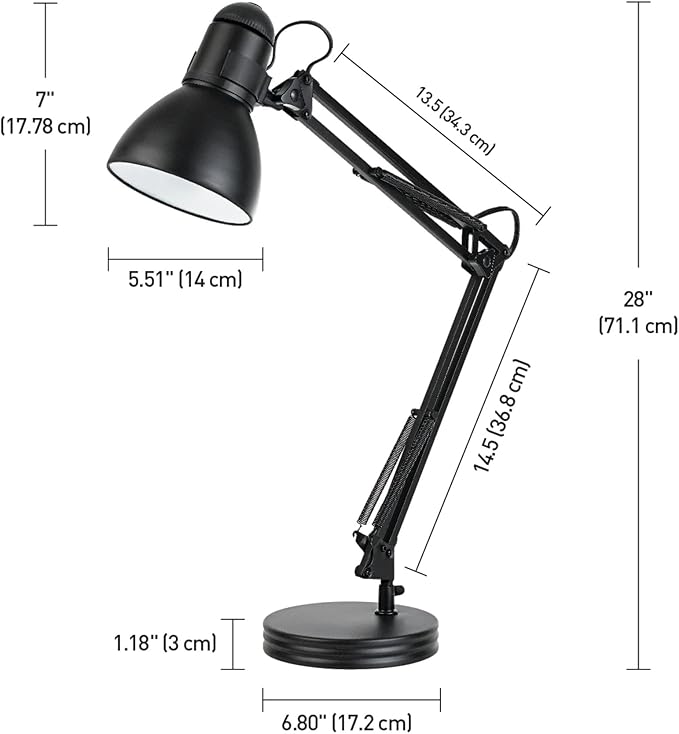 Globe Electric 5698601 28" Heavy Base Top Moving Spring Balanced Swing Arm Desk Lamp, Black, On/Off Rotary Switch on Shade, Office Decor, Reading Light, Home Essentials, Room Lighting