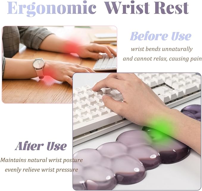 Gel Keyboard Wrist Rest Cloud Set, Clear Ergonomic Wrist Support and Arm Support Keyboard Rest for Typing Pain Relief, with Non-Slip Soft Washable Wrist Rest(Purple Grey)