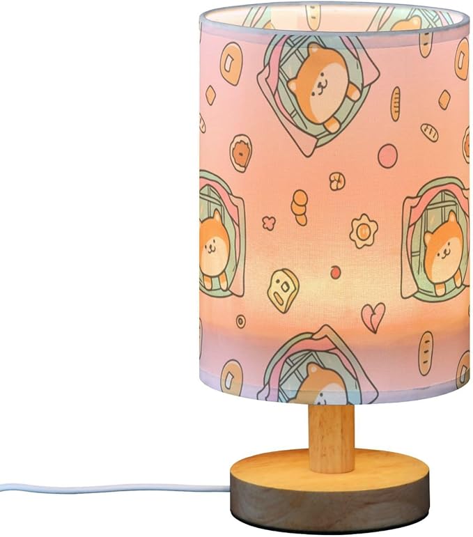Pink Dog Clock LED Table Lamp, Bedside Lamp with Linen Lampshade, Flicker-Free Eye Care USB Plug in Nightstand Lamp, for Bedroom and Office
