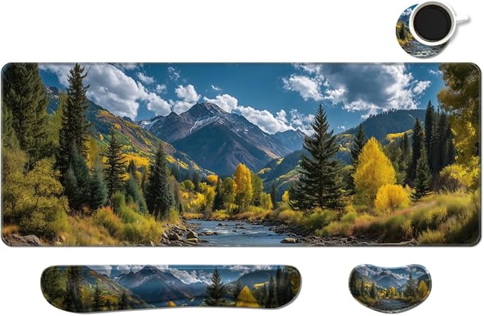 MIBITRI Keyboard Mouse Pad Set, Extended Gaming Mouse Pad+Ergonomics Keyboard Wrist Rest Support, Memory Foam, Easy Typing, 4Pcs XXL Ultra Thick Desk Mat, Nature Forest