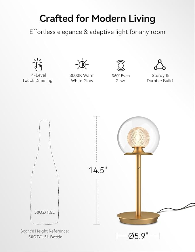 Tubicen Gold Bedside Table Lamp Plug in Dual-Globe Glass Shade Art Decor Table Lamp Memory Function Modern LED 4-Stage Touch Dimmable Desk Table Lamps for NightStands Bedroom Home Office 14.5 Inch