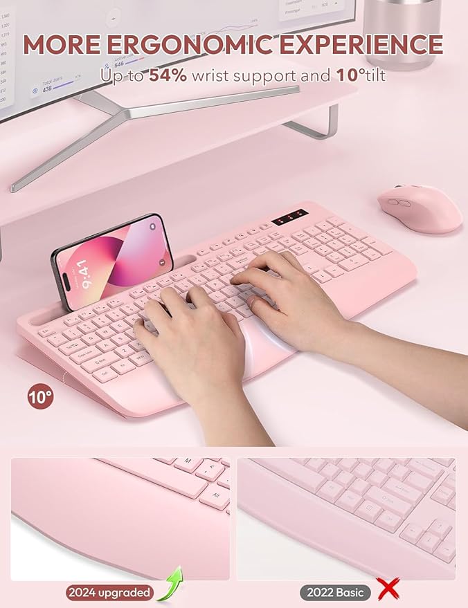 Wireless Keyboard and Mouse, Wrist Rest, Phone Holder, 2.4G Lag-Free Ergonomic Keyboards Mouse Combo, KM23D Silent Keyboards Set for Computer, Laptop, PC, Windows, Pink -SABLUTE