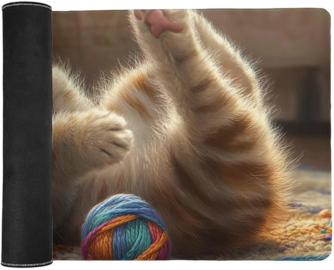 Large Ergonomic Gaming Mouse Pad Curious Kitten Playtime - Cute Cat Theme with Non-Slip Base Water-Resistant Surface and Stitched Edges 40x90cm