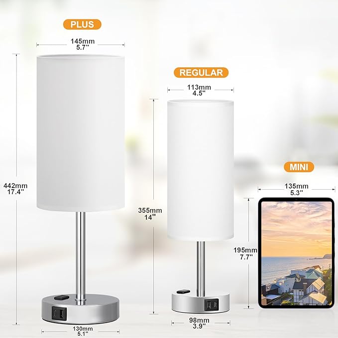 Fenmzee Touch Bedside Lamp - White, 3-Way Dimmable, USB A + C Charging, AC Outlet, 17.4inch Medium