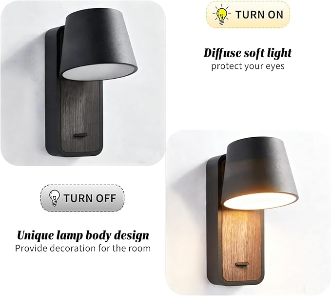 Black & Wood Grain Wall Sconce - 5W 3000K Warm Glow, Flicker-Free Eye-Care LED, Aviation-Grade Aluminum, Decorative Wall Light for Living Room Bedroom