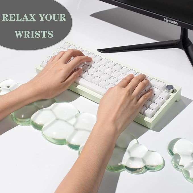 Clear Gel Wrist Rest for Keyboard and Mouse, Green Cloud Wrist Rest Set, Cute Ergonomic Silicone Wrist Rest for Computer Keyboard 60%/68%/75%