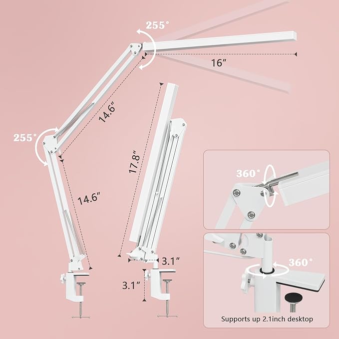 LED Desk Lamp, Manicure Table Lamp, 16" Lamp Head, Dimmable Eye-Caring Drafting Light with 3 Color Modes, 10 Brightness Levels & Adapter, Memory Function(White)